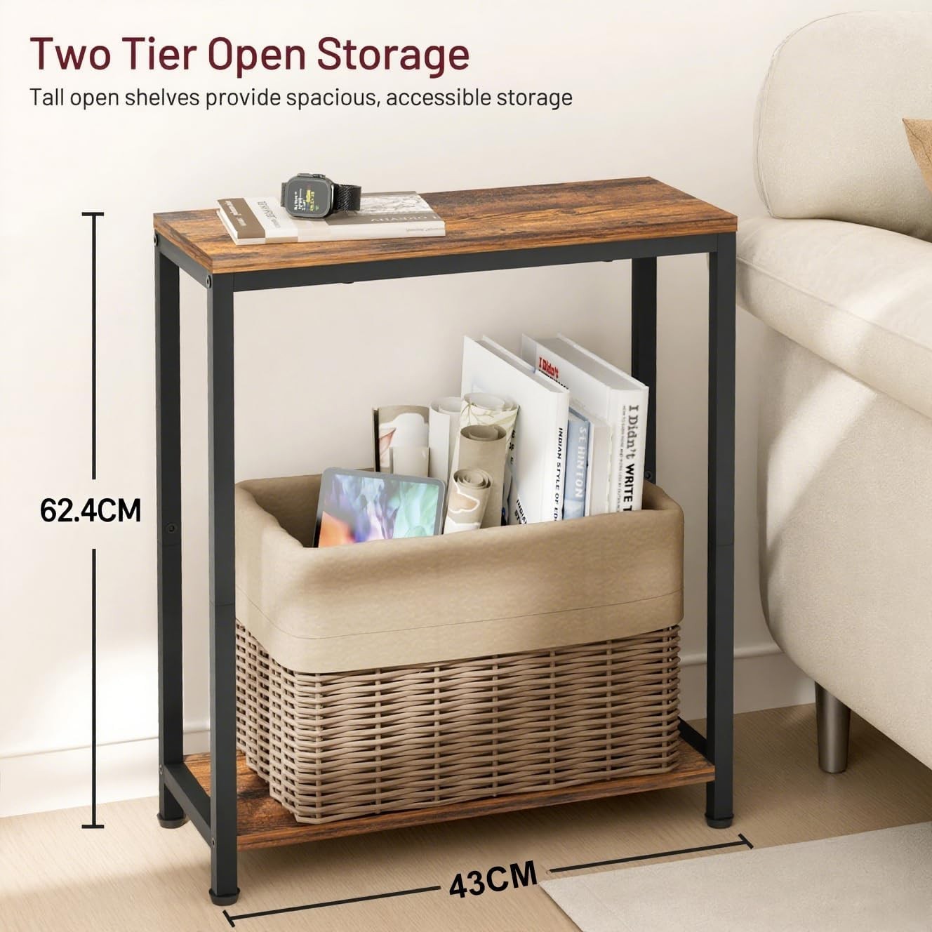 Slim 2-Tier Side Table Narrow End Table for Small Spaces with Wood Shelves