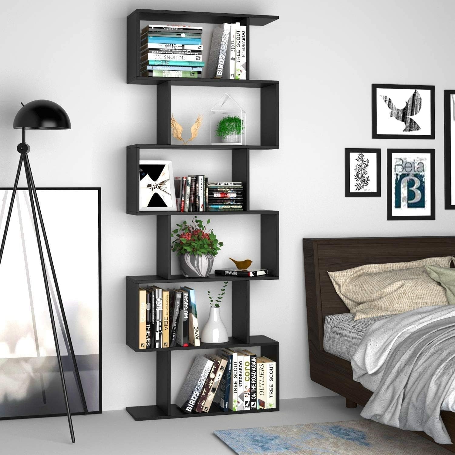 Modern S-Shape 6-Tier Bookcase Free Standing Display Shelf Unit Storage