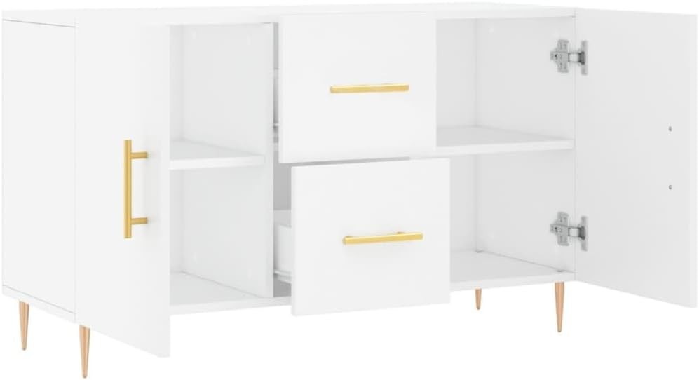 White Sideboard Cabinet Storage Drawers Modern Metal Legs 100cm Wide