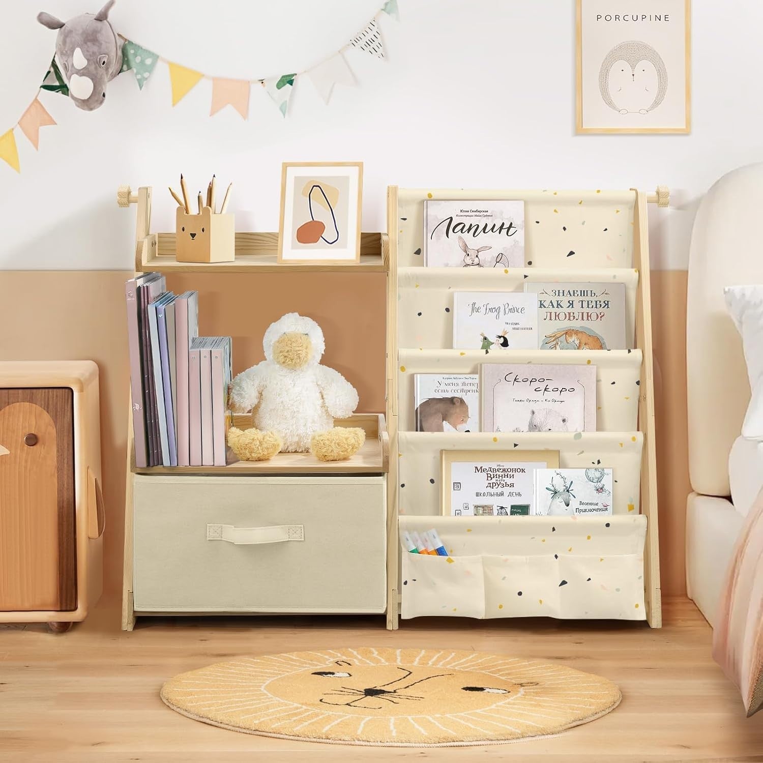 Terrazzo Kids Bookshelf & Toy Storage – 4-Tier Wooden Sling Shelf + Toy Box