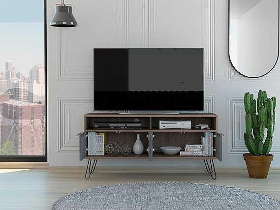 Widescreen TV Cabinet with 4 Door Storage & Metal Hairpin Legs – Grey Oak