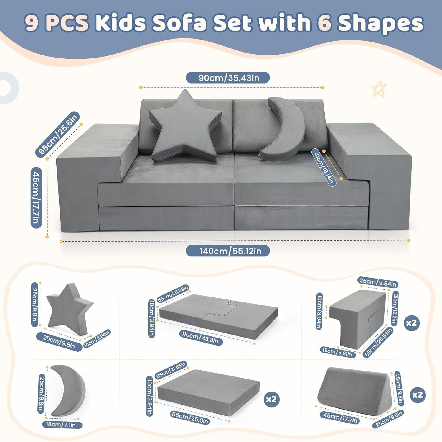 Modular Kids Sofa Set 9-Piece Foam Blocks, Foldable 2-Seater, Soft & Washable