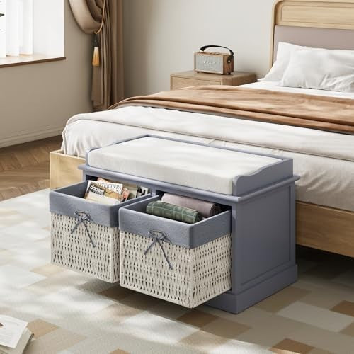 Blue-Grey Storage Bench with Cushion 2 Wicker Baskets Hallway Cabinet Seat