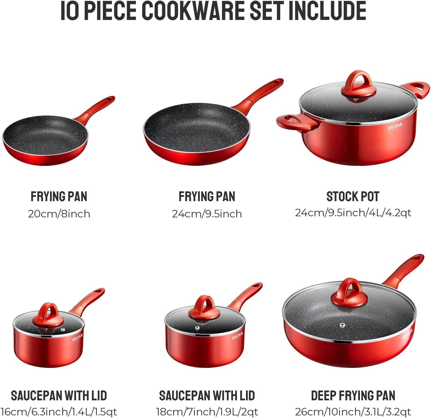 10Pcs Red Non Stick Cookware Set with Glass Lids, Induction Compatible