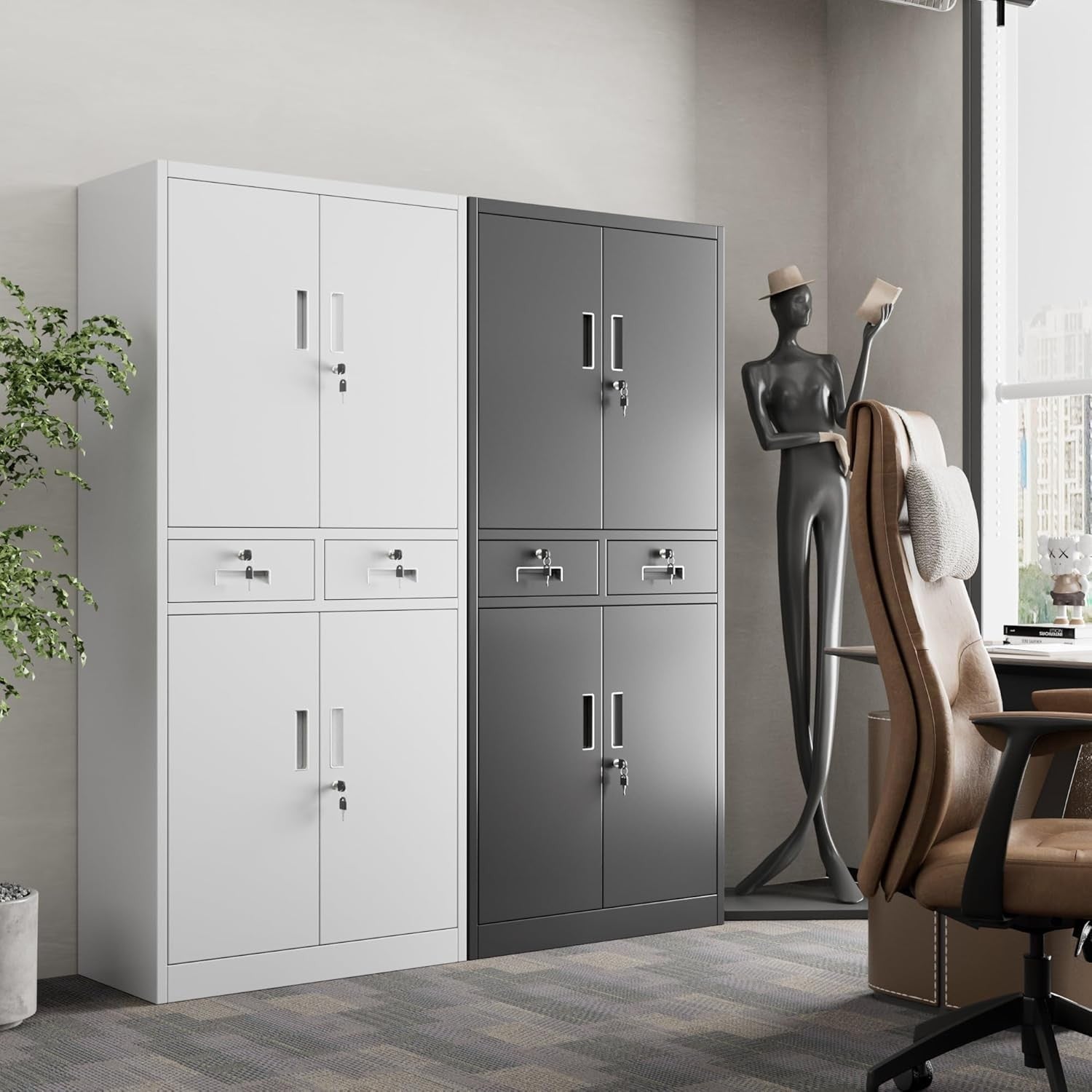 Metal Storage Cabinet 4 Doors 2 Drawers Lockable Steel Cupboard Office Home 180