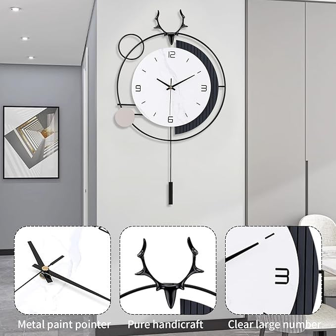 Modern Large Pendulum Wall Clock 25in Silent Quartz Metal Deer Design Home