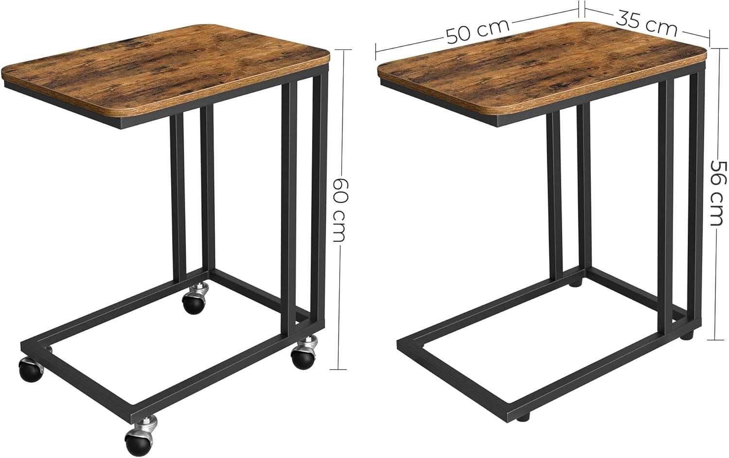 Industrial C Side Table with Wheels, Rustic Wood Top, Sofa Laptop Stand