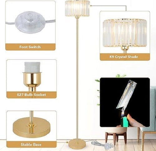 Gold Crystal Floor Lamp Glass Shade Tall Standing Light Living Room Bedroom