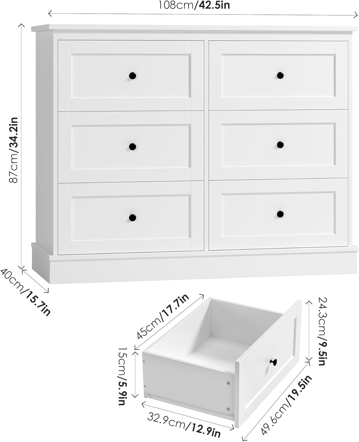 6 Drawer White Wooden Storage Cabinet Chest Sideboard Dresser 108x40x87cm