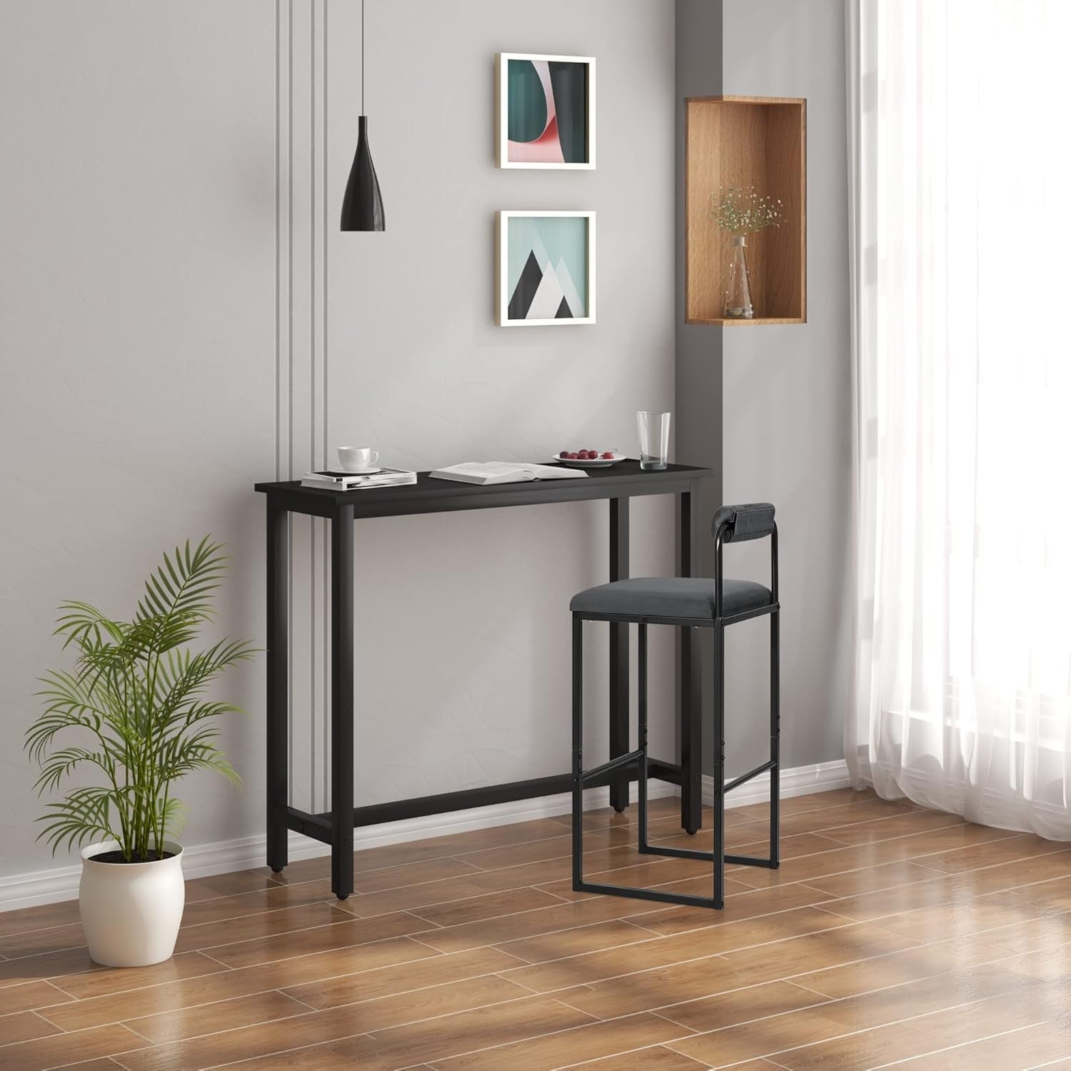 Ergonomic Velvet Bar Stool with Backrest & Footrest – Dark Grey, 95.5cm
