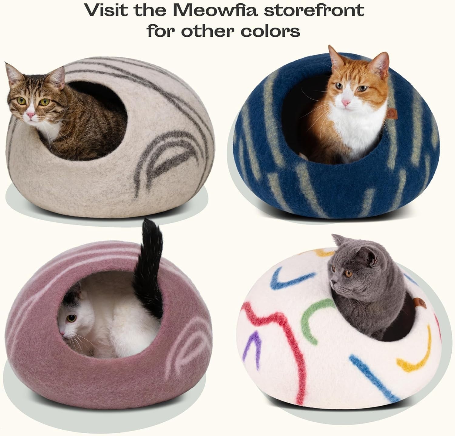 Medium Felt Cat Cave Bed Handmade Merino Wool Indoor Cat House Beige