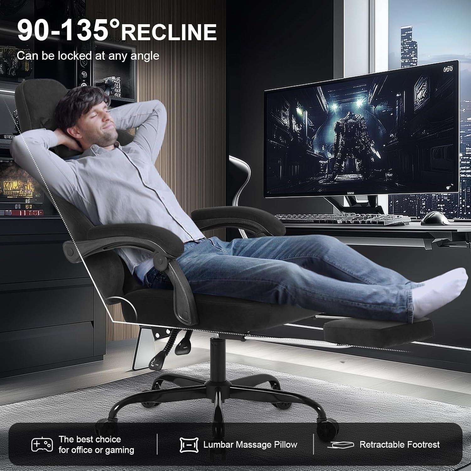 Oversized Gaming Chair Suede Fabric Ergonomic Recliner Massage Lumbar Footrest