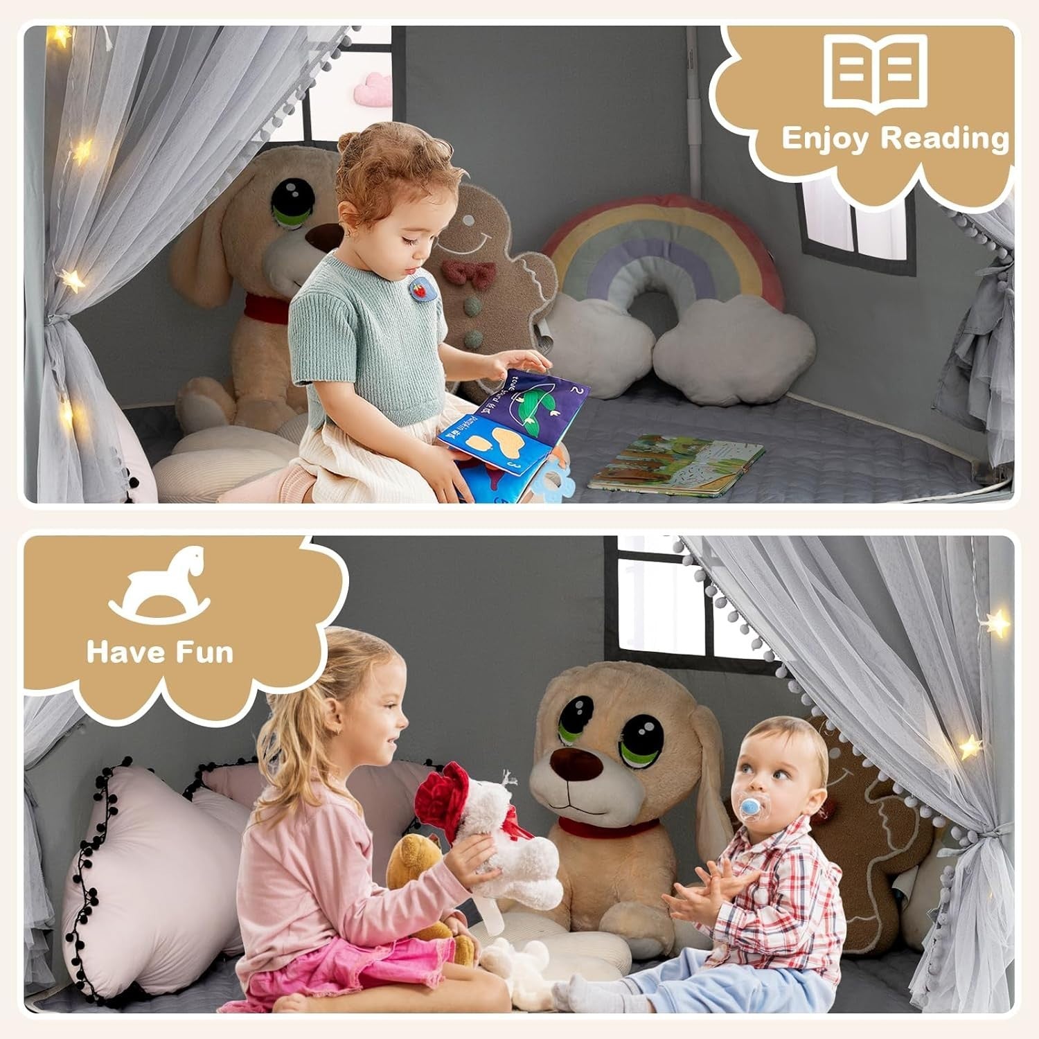 Large Kids Play Tent Castle Indoor w Star Lights Mat Windows Gift