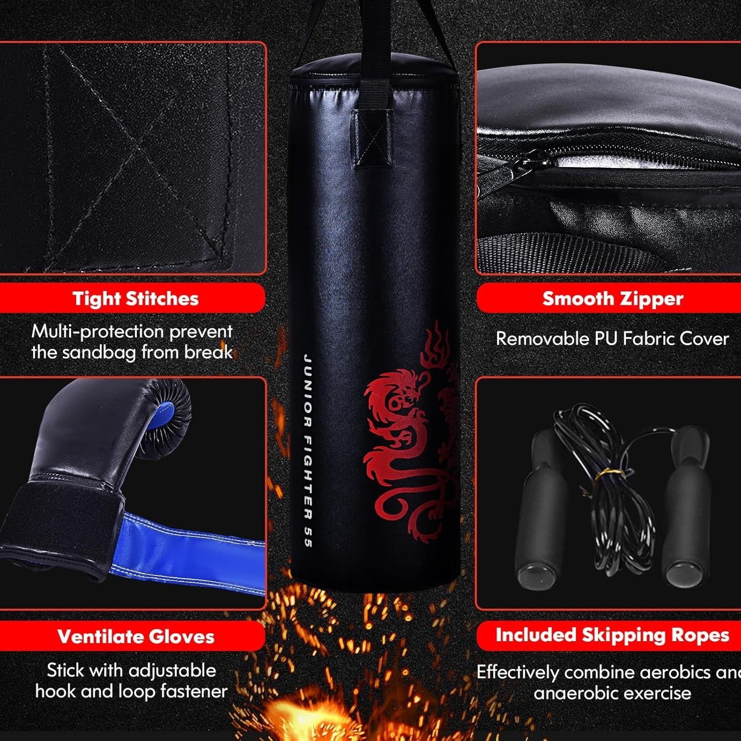 Kids Heavy Filled Boxing Punch Bag Set Gloves Wall Bracket Training