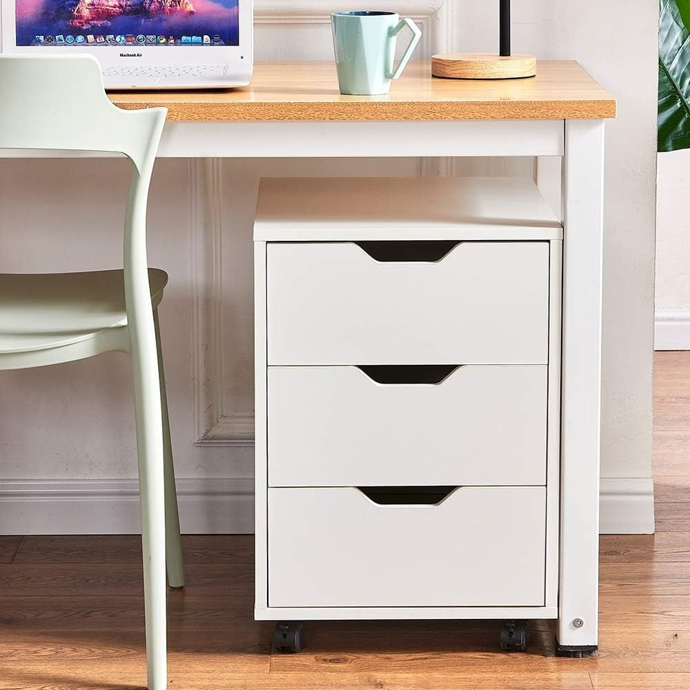 White Mobile File Cabinet 3 Drawer A4 Under Desk Rolling Office Storage