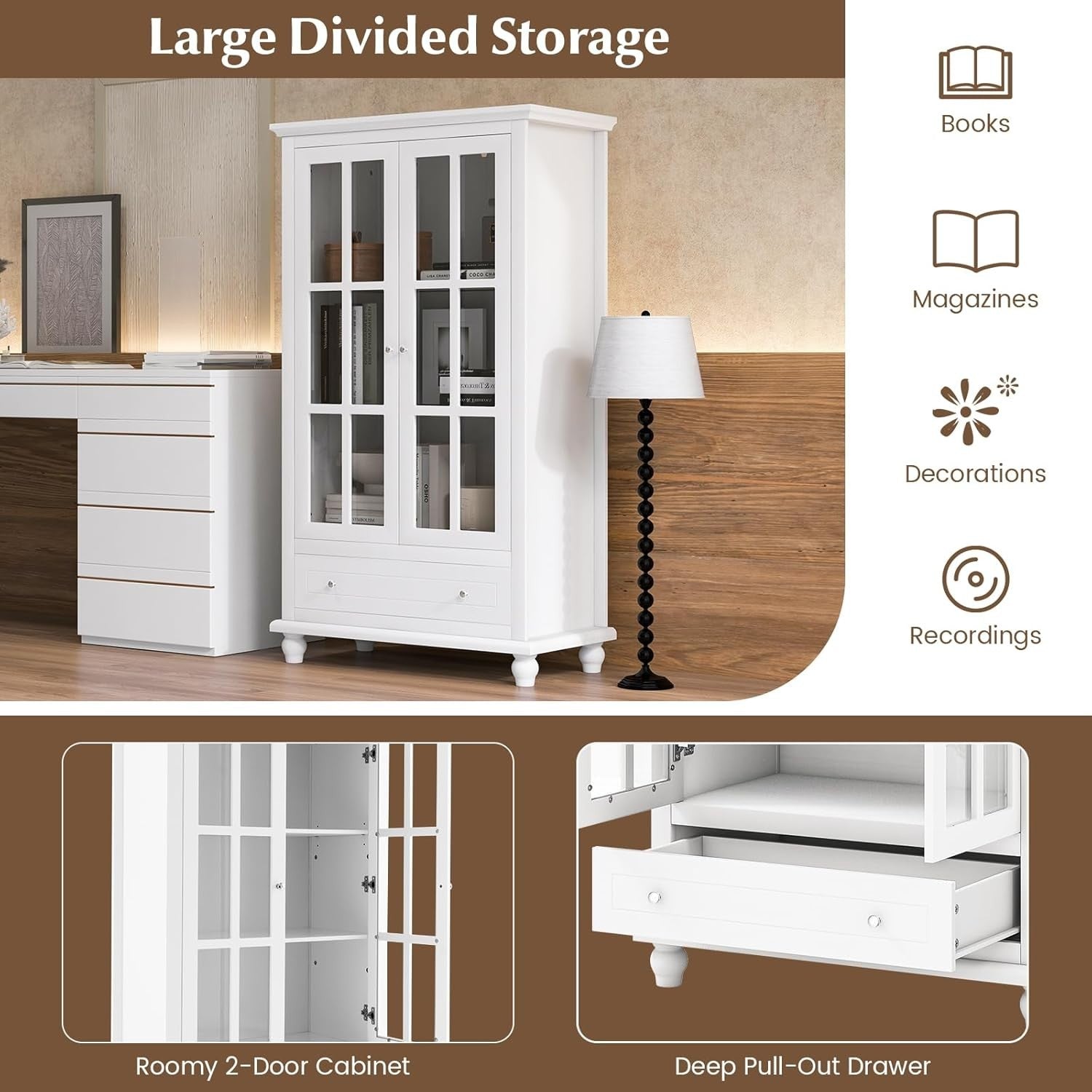 Modern White Bookcase with Glass Doors Drawer Adjustable Shelf Storage Unit