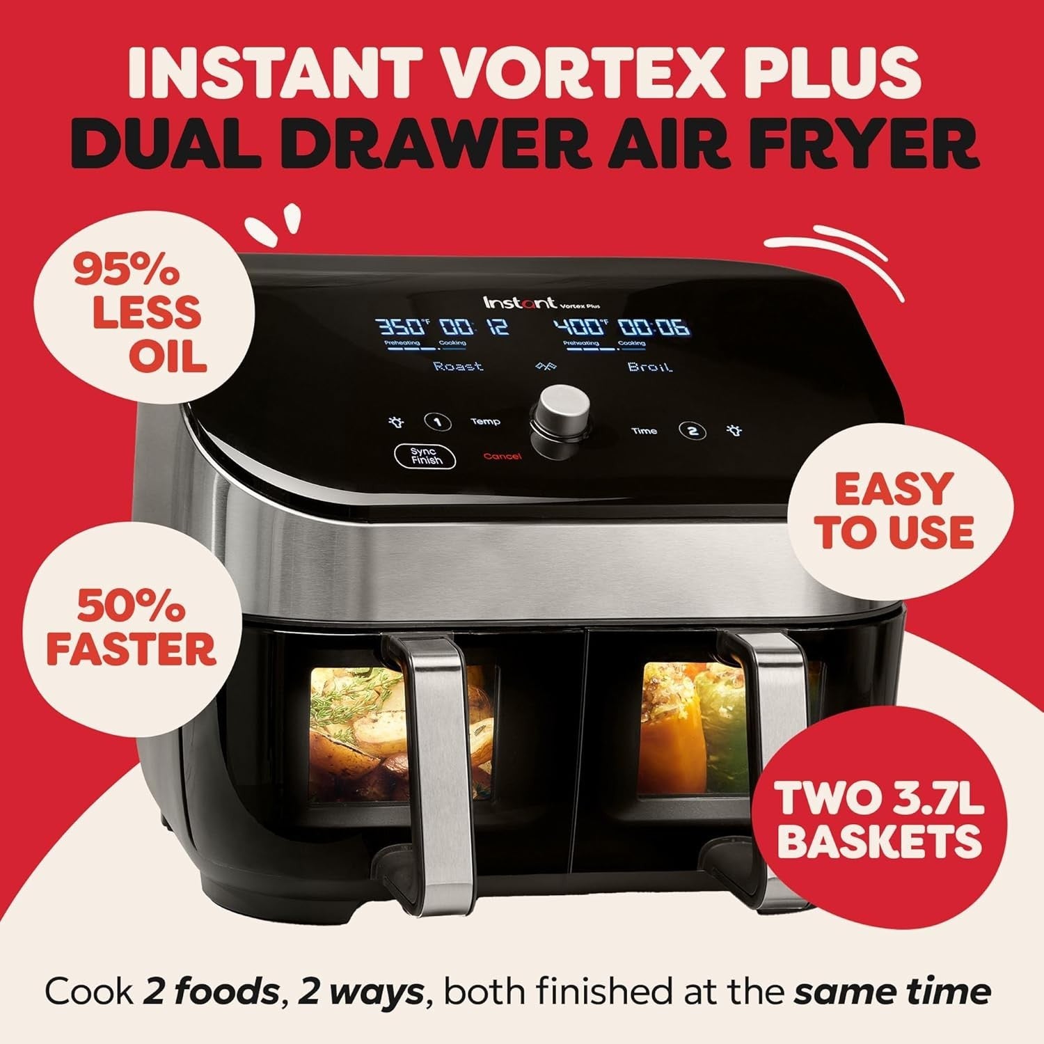 7.6L Dual Air Fryer Stainless Steel Twin Drawer 8-in-1 Grill Bake Roast Reheat