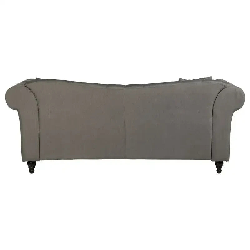 3 Seater Grey Chesterfield Sofa Deep Button Tufted Scroll Arm Fabric
