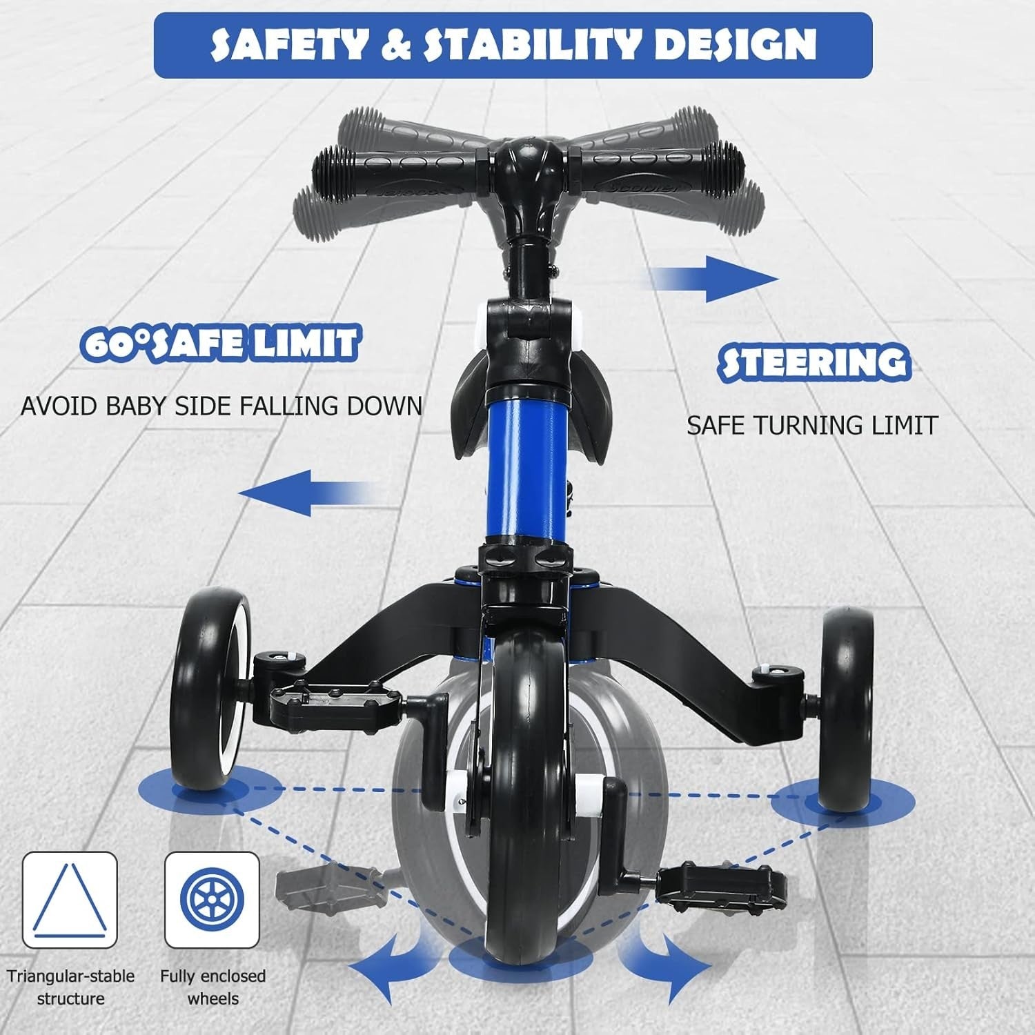 3 In 1 Toddler Tricycle Balance Bike Baby Walker Adjustable Blue 1-4Y