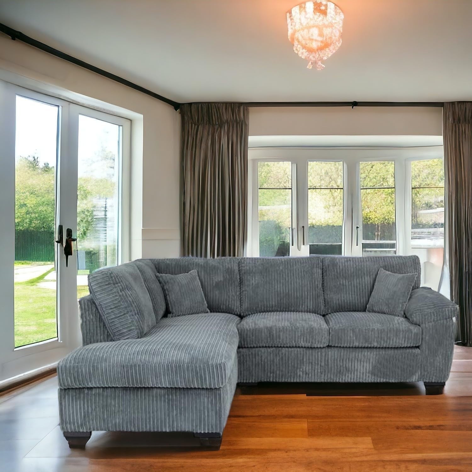 Grey Jumbo Cord L-Shape 4-Seater Left Corner Sofa – Stylish, Space-Saving Comfor