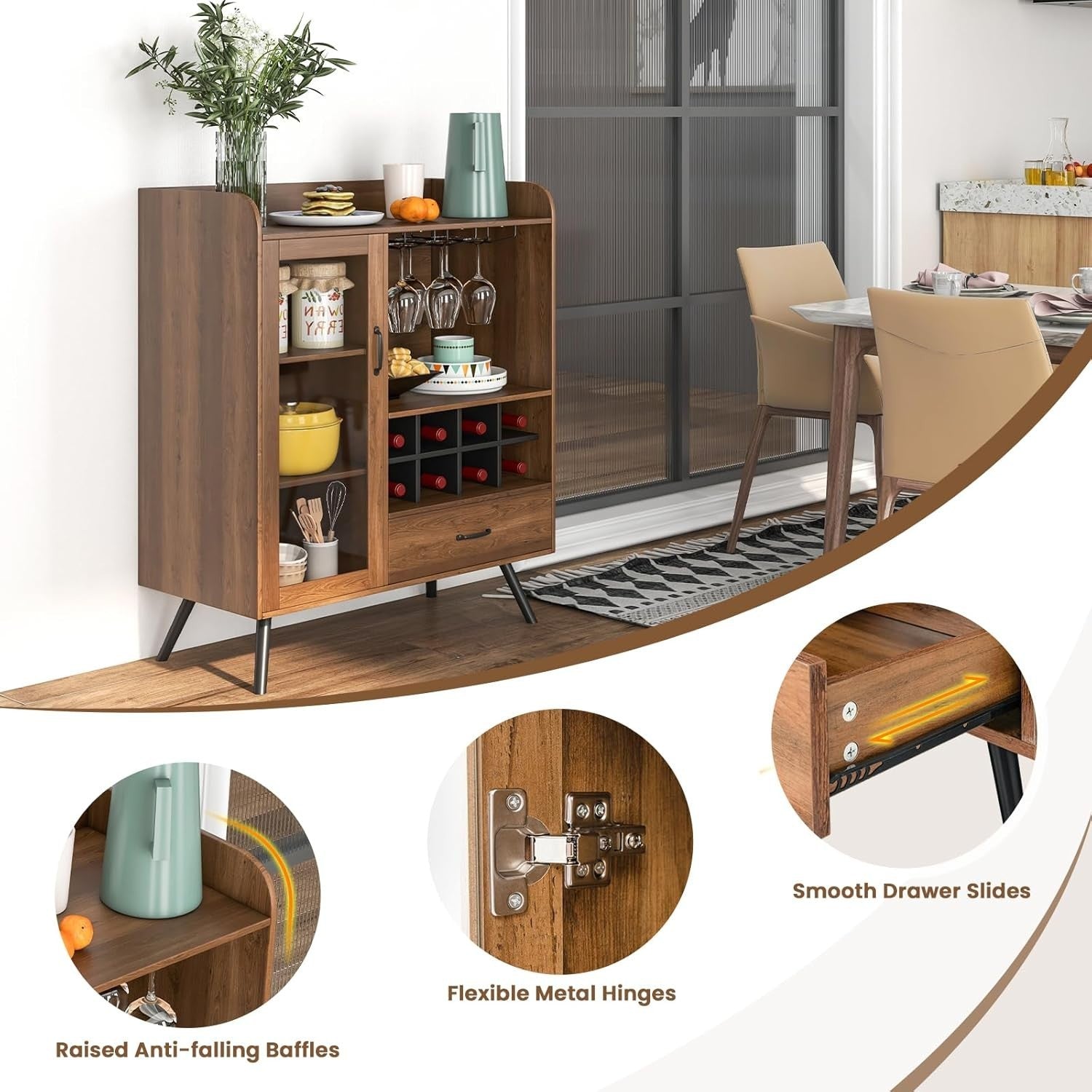 Rustic Sideboard Drinks Cabinet with Wine Rack Glass Holder Drawer Home Bar