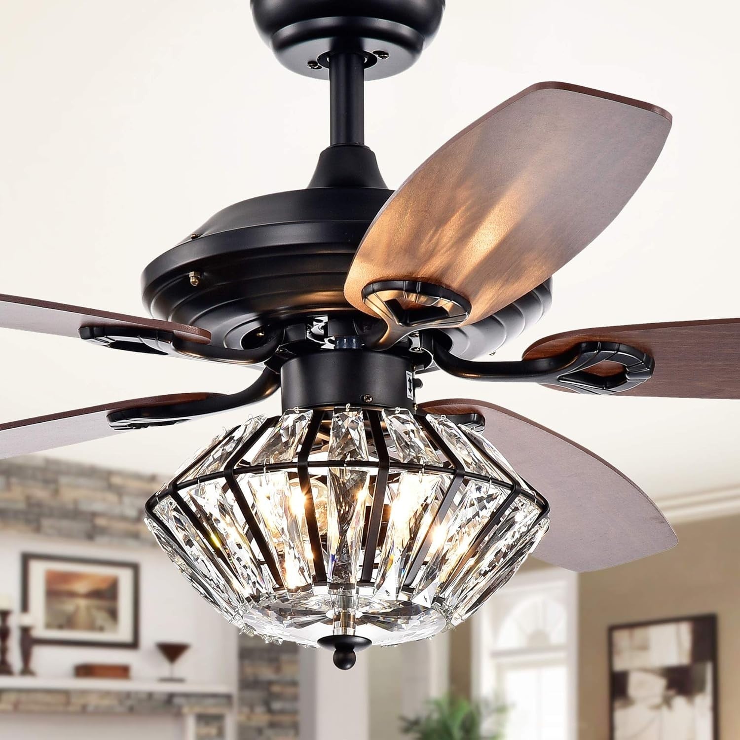 Warehouse of Tiffany 52" Toshevo Crystal Ceiling Fan, Remote, 3-Light, Black