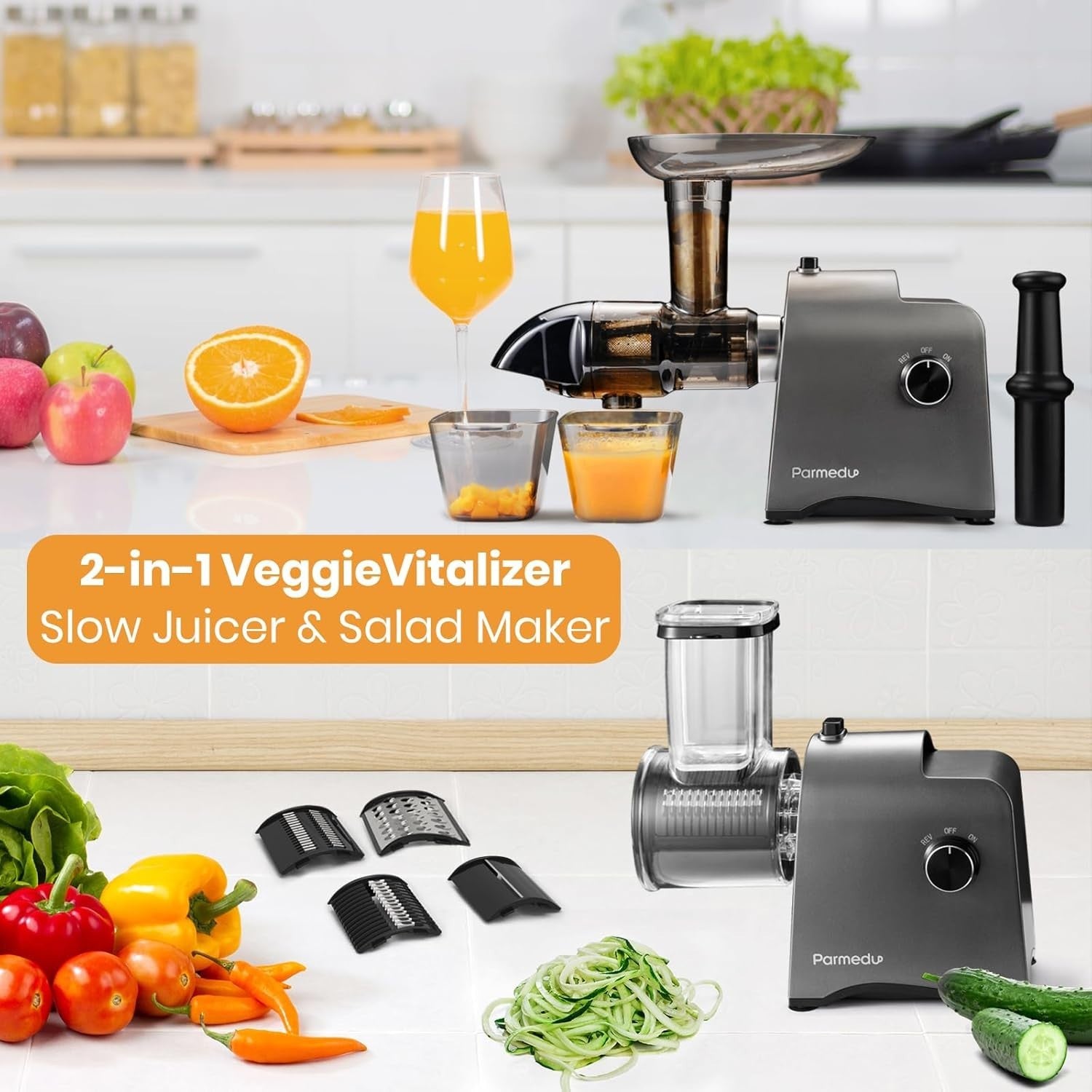 Cold Press Juicer 2 in 1 Veg Slicer Quiet 250W High Yield Easy Clean