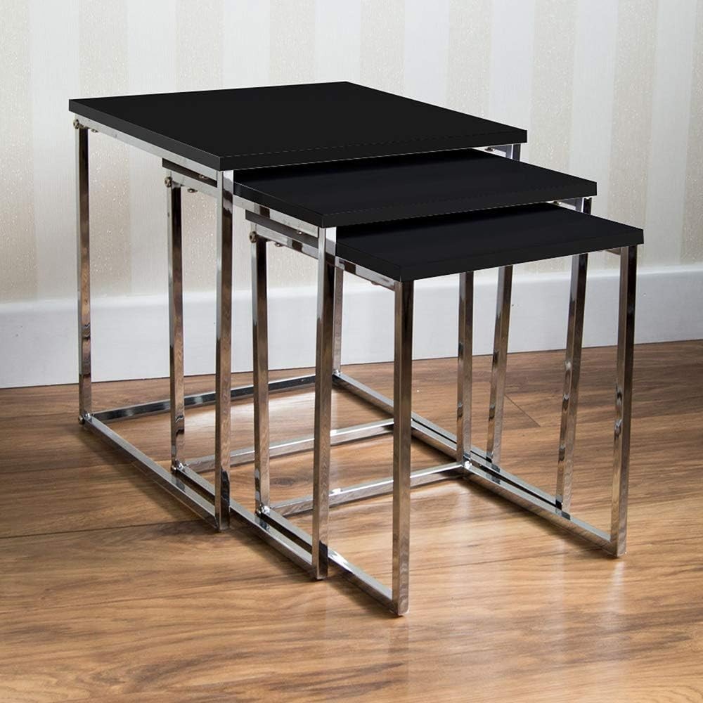 3pc Modern Black Glass Nesting Coffee Tables Set Metal Legs Side End Home Office