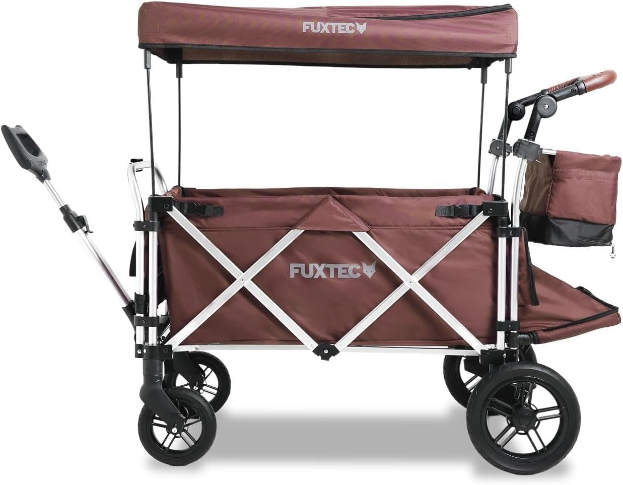 Brown All-Terrain 2-Seater Folding Kids Wagon Push Pull Stroller w/ Roof