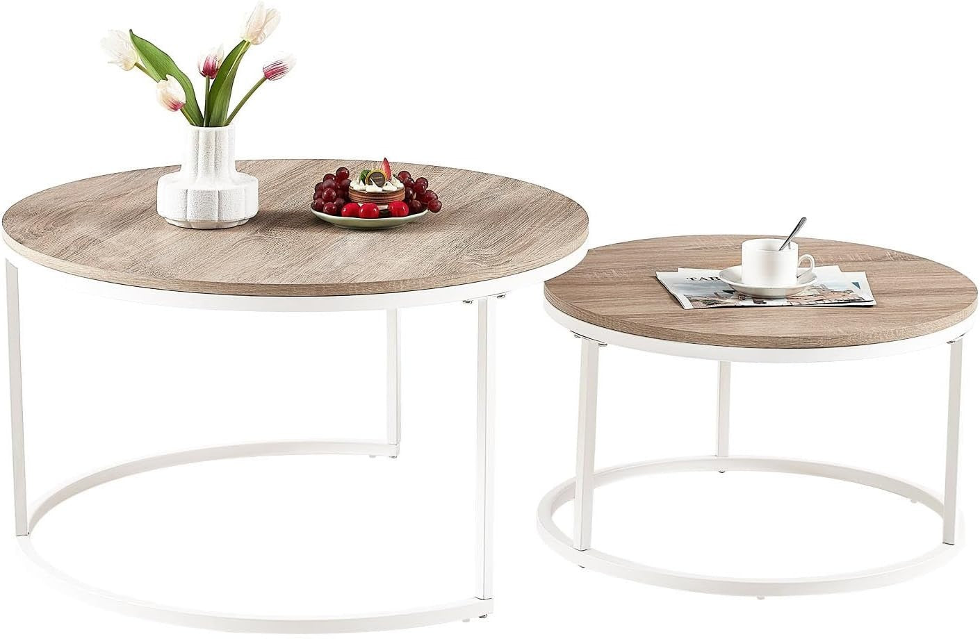Space Saving Nesting Coffee Table Set Round White Oak End Side Tables Living Roo