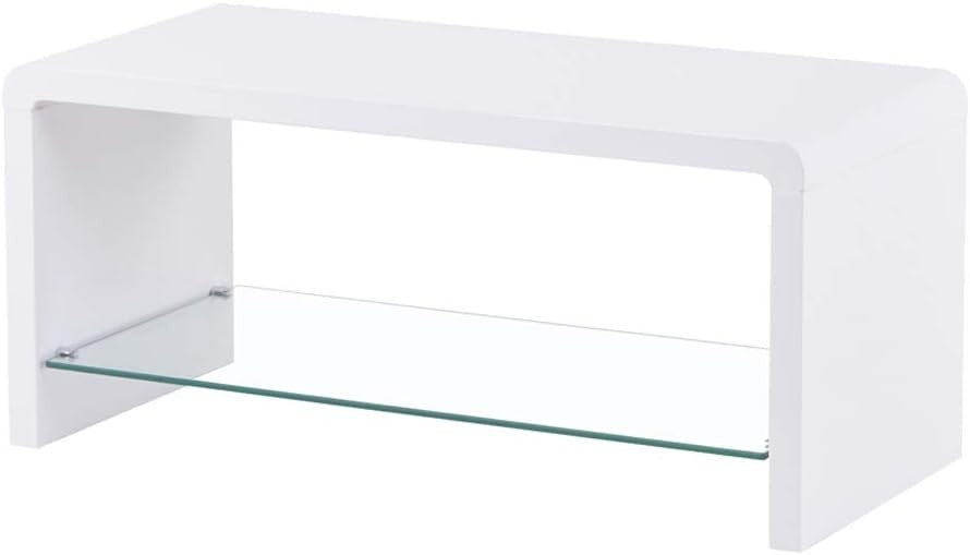 High Gloss White Coffee Table with Glass Shelf 100x45x45cm Modern Design