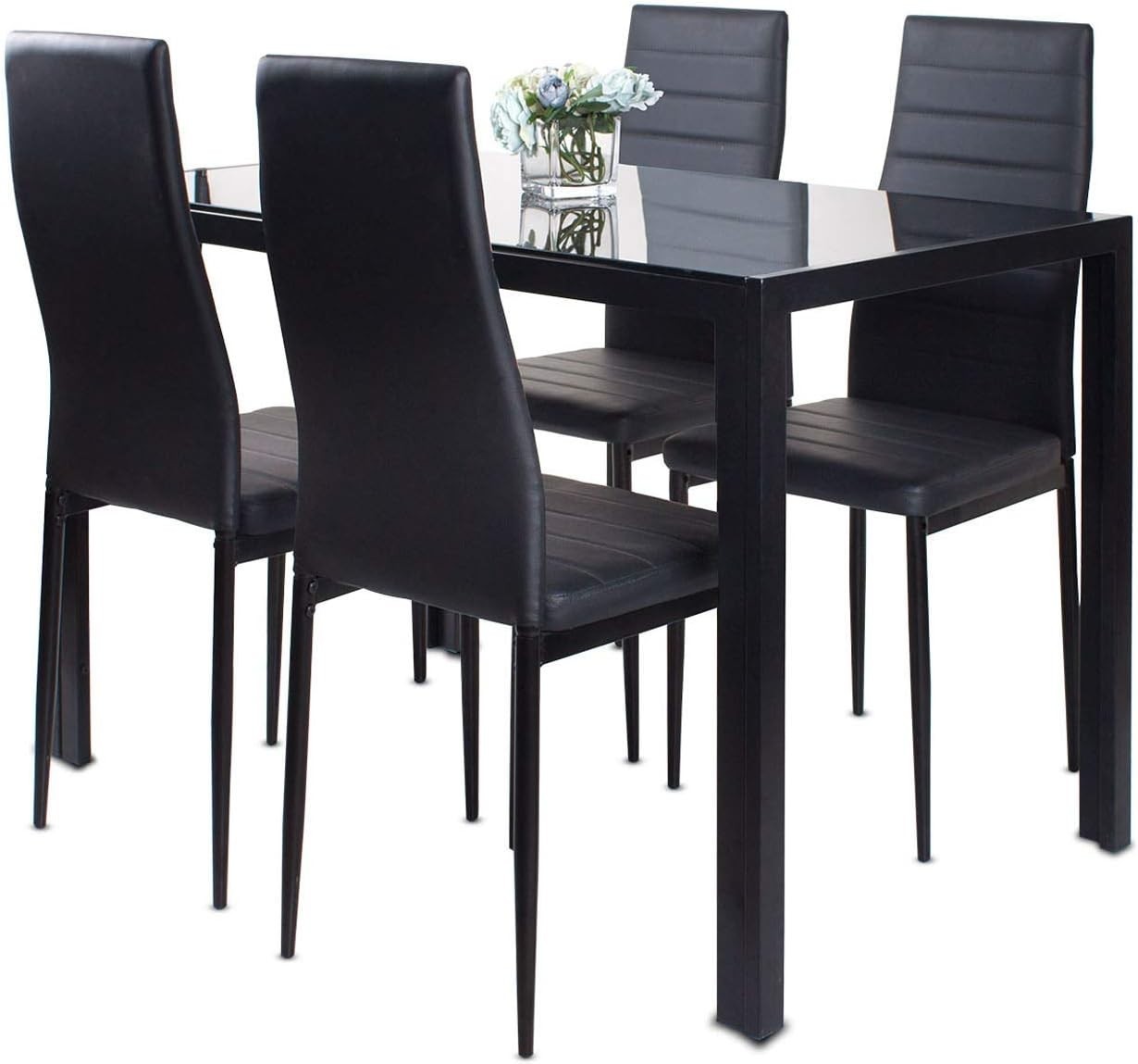 Modern Black Glass 120x70cm Dining Table Set with 4 Upholstered Chairs
