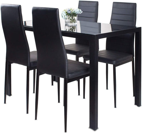 Modern Black Glass 120x70cm Dining Table Set with 4 Upholstered Chairs