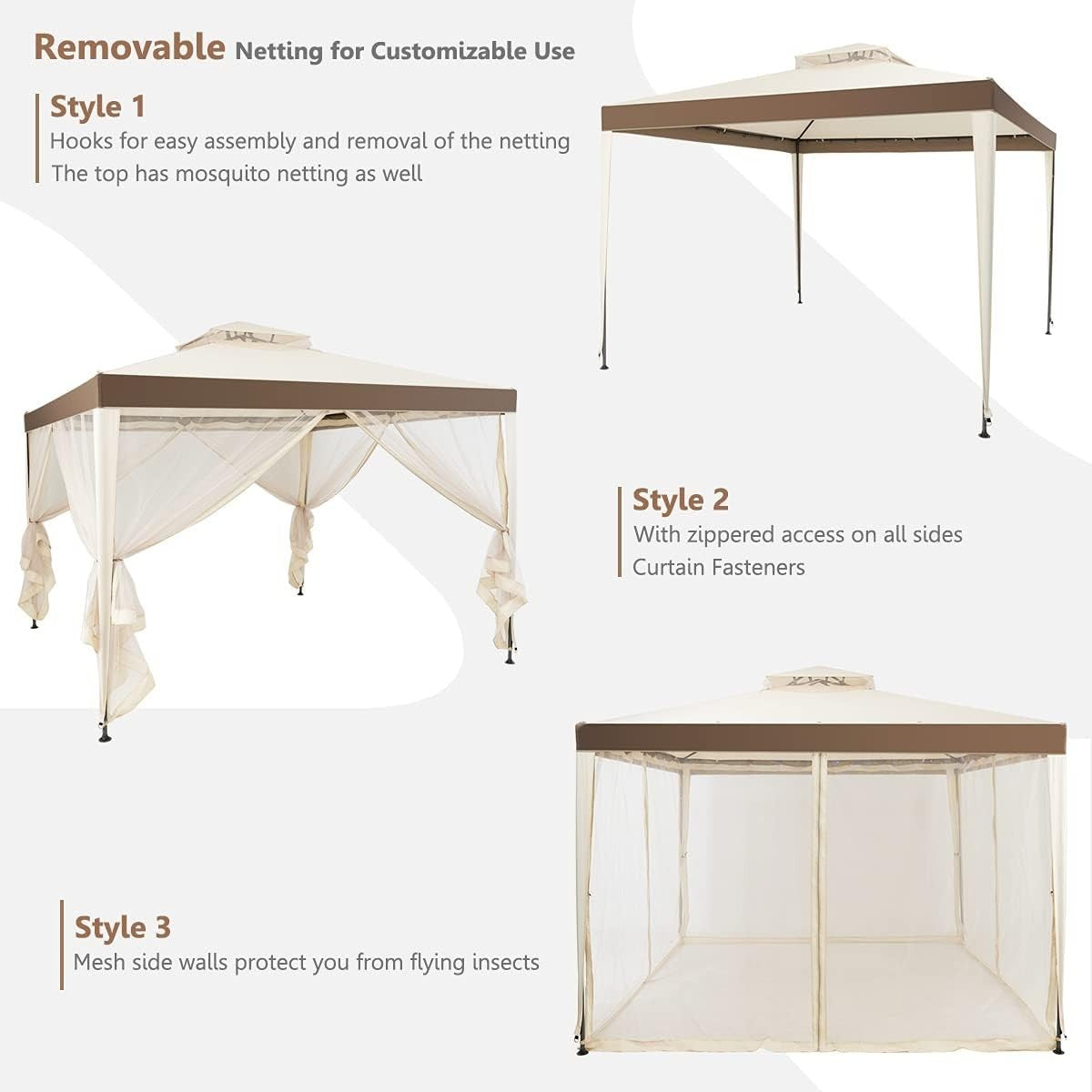 3x3M Beige Outdoor Gazebo With Zipped Mesh Sidewalls Double Roof Patio Tent