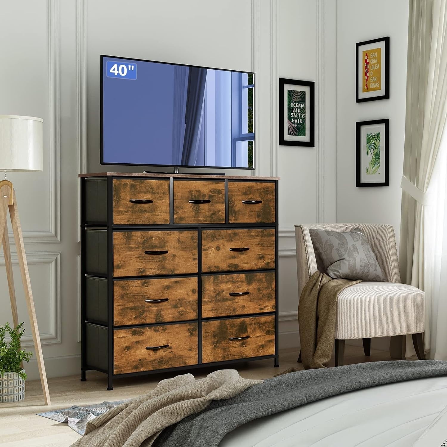 9 Drawer Fabric Dresser Chest with Metal Frame Large Bedroom Storage Unit