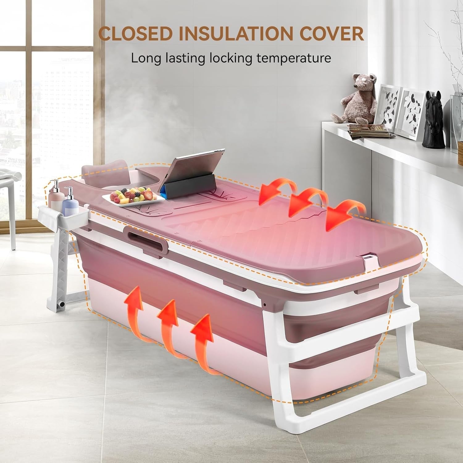 Portable Foldable Adult Bathtub 153x54x61cm Pink Spa & Steam Bath with Lid