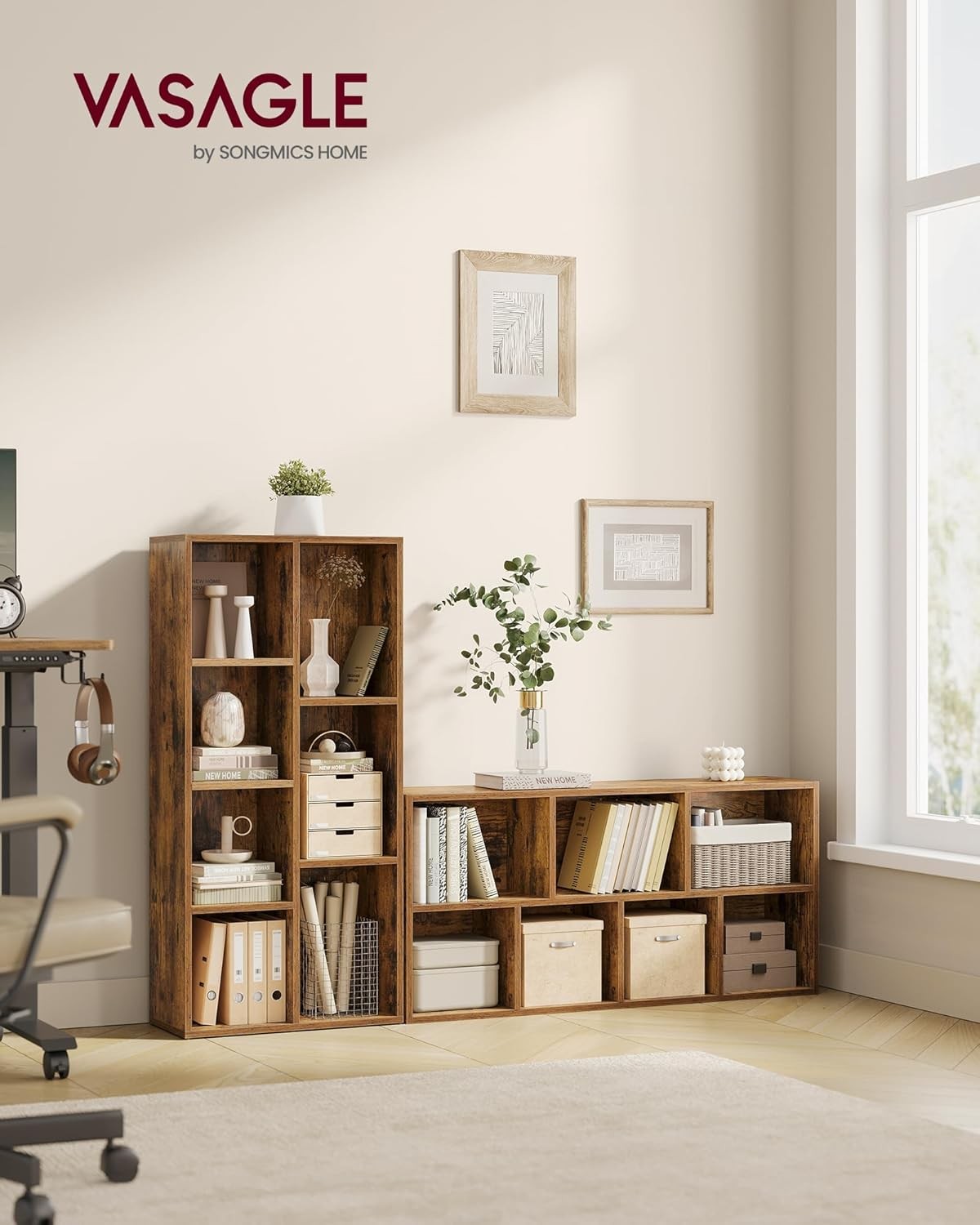 Rustic Brown 7-Compartment Bookcase | Modern Cube Storage Shelf for Home Office