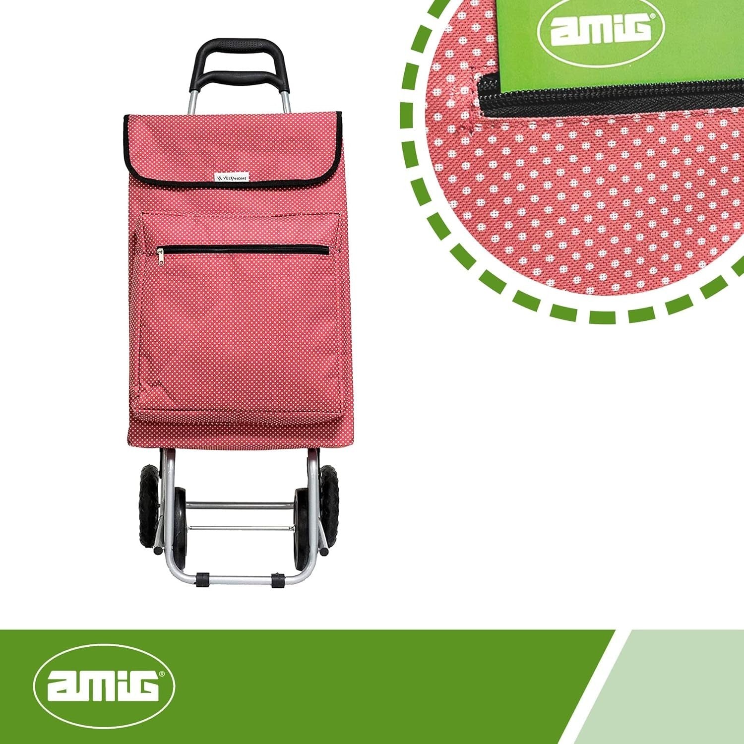 Red & White 4-Wheel Shopping Trolley 48L Large Capacity Freezer Pocket