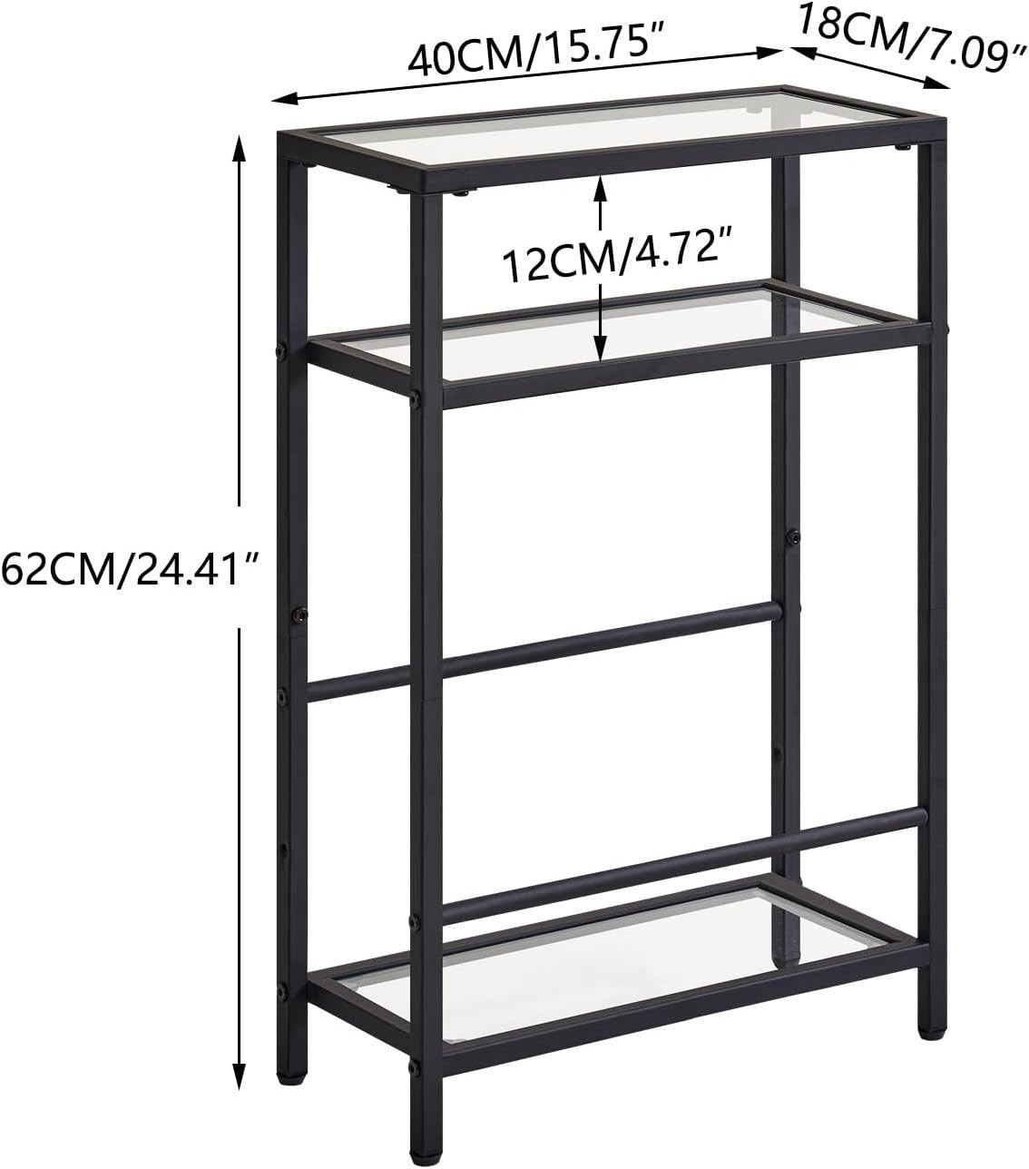 Slim Glass Side Table 3 Tier Narrow Black End Shelf for Sofa Bed Small Space