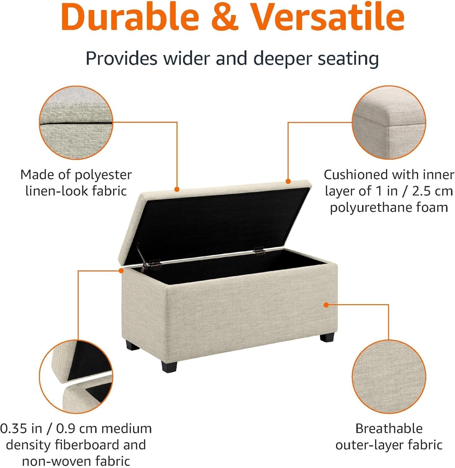 Beige Upholstered Storage Ottoman Bench Soft Close Lid Fabric Seat Box 90x42x43
