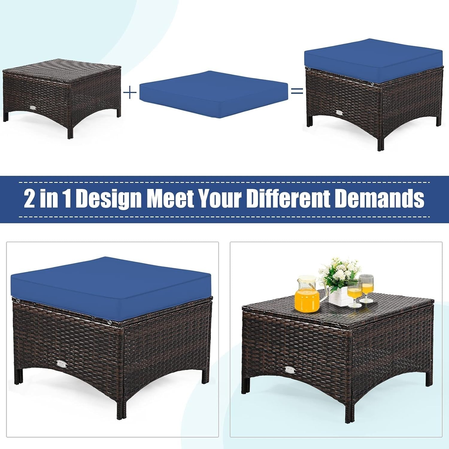 5pc Rattan Garden Sofa Set Navy Blue | Outdoor Patio Seats & Ottomans