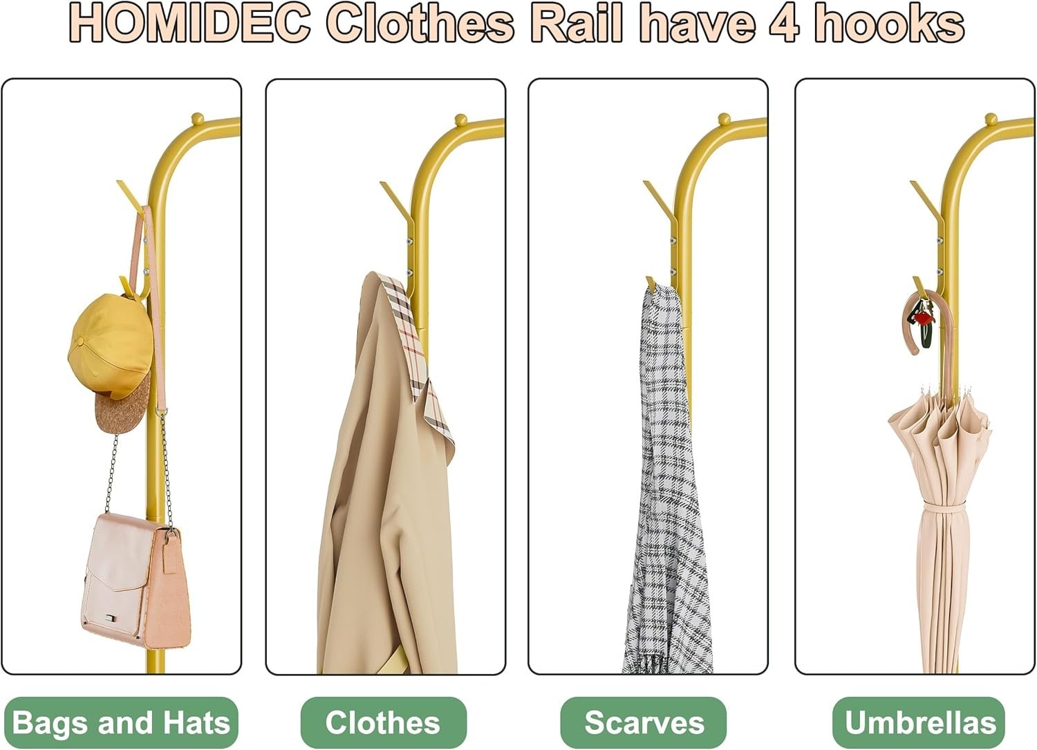 Portable Gold Clothes Rail 40KG Rack With Wheels Shelf & Hooks