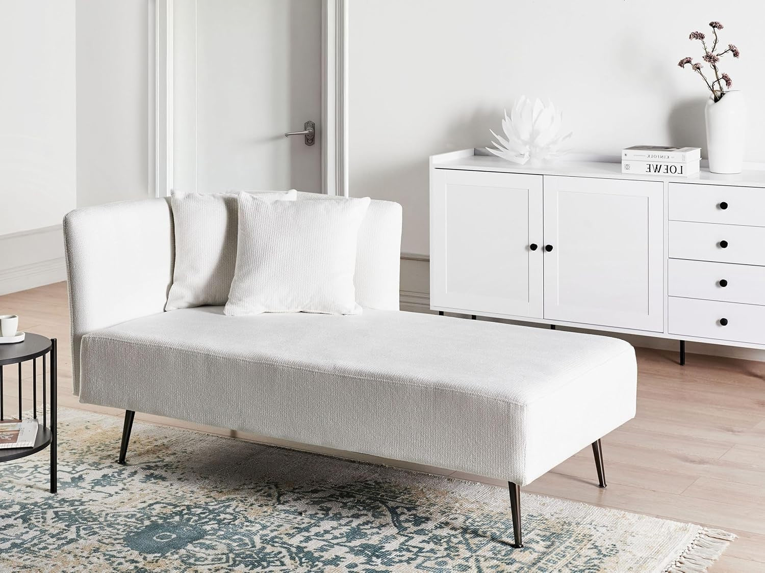Modern Left Hand White Chaise Lounge Polyester Fabric Cushions Metal Legs