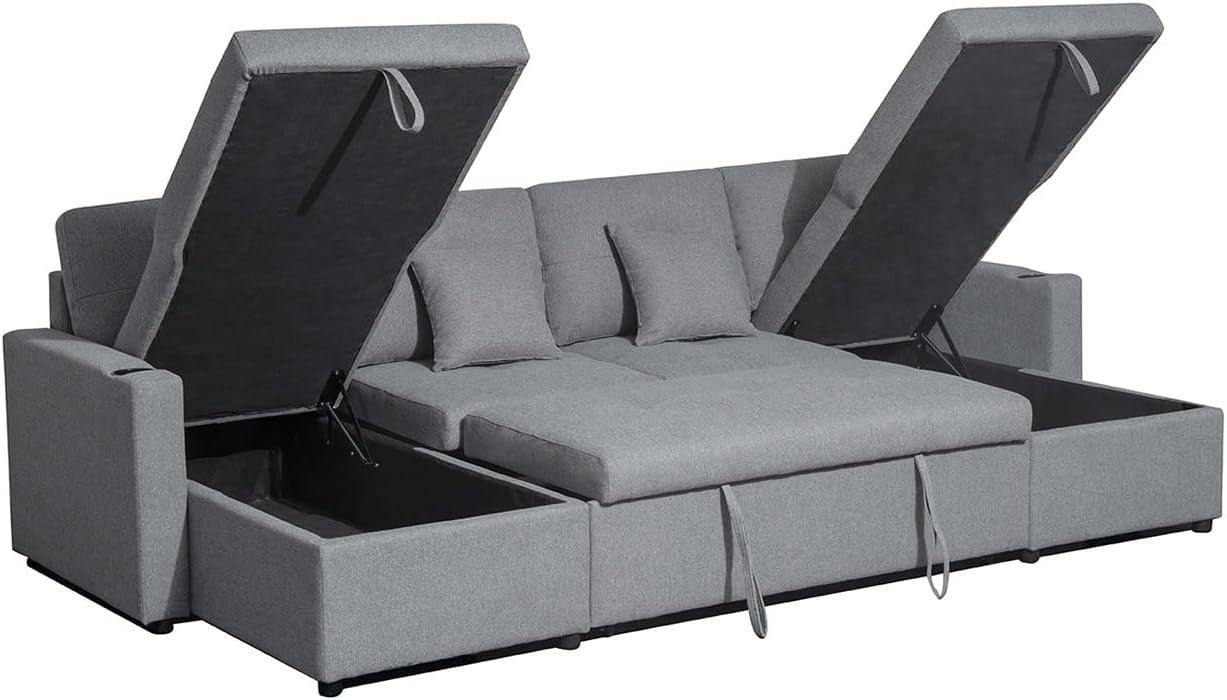 Grey Fabric U-Shaped 4 Seater Sofa Bed with Storage & Pull-Out Suite