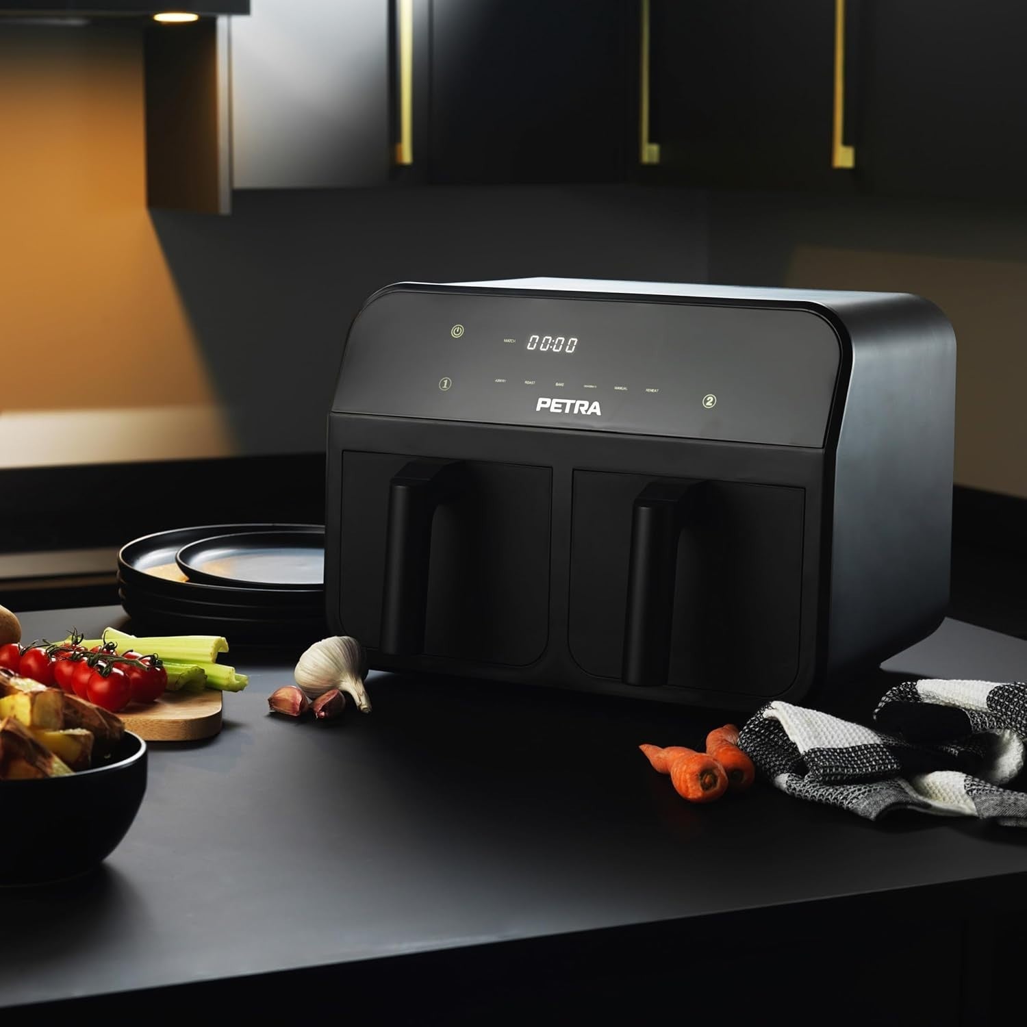 Dual Air Fryer 7.4L 2 Drawer 2400W Sync Match LED 6 Presets 60min Timer