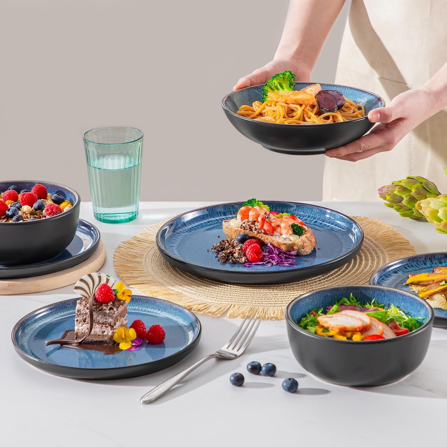 48pc Blue Dinner Set Plates Bowls Stoneware Reactive Glaze Service for 12