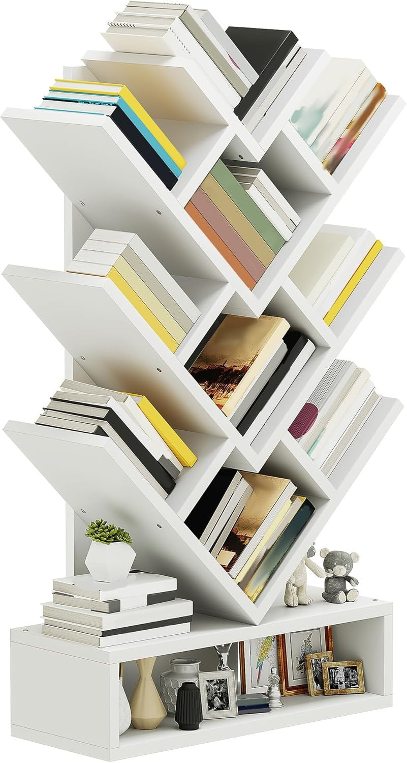 White Tree Bookshelf | 8-Tier Modern Vertical Bookcase for Living Room & Home