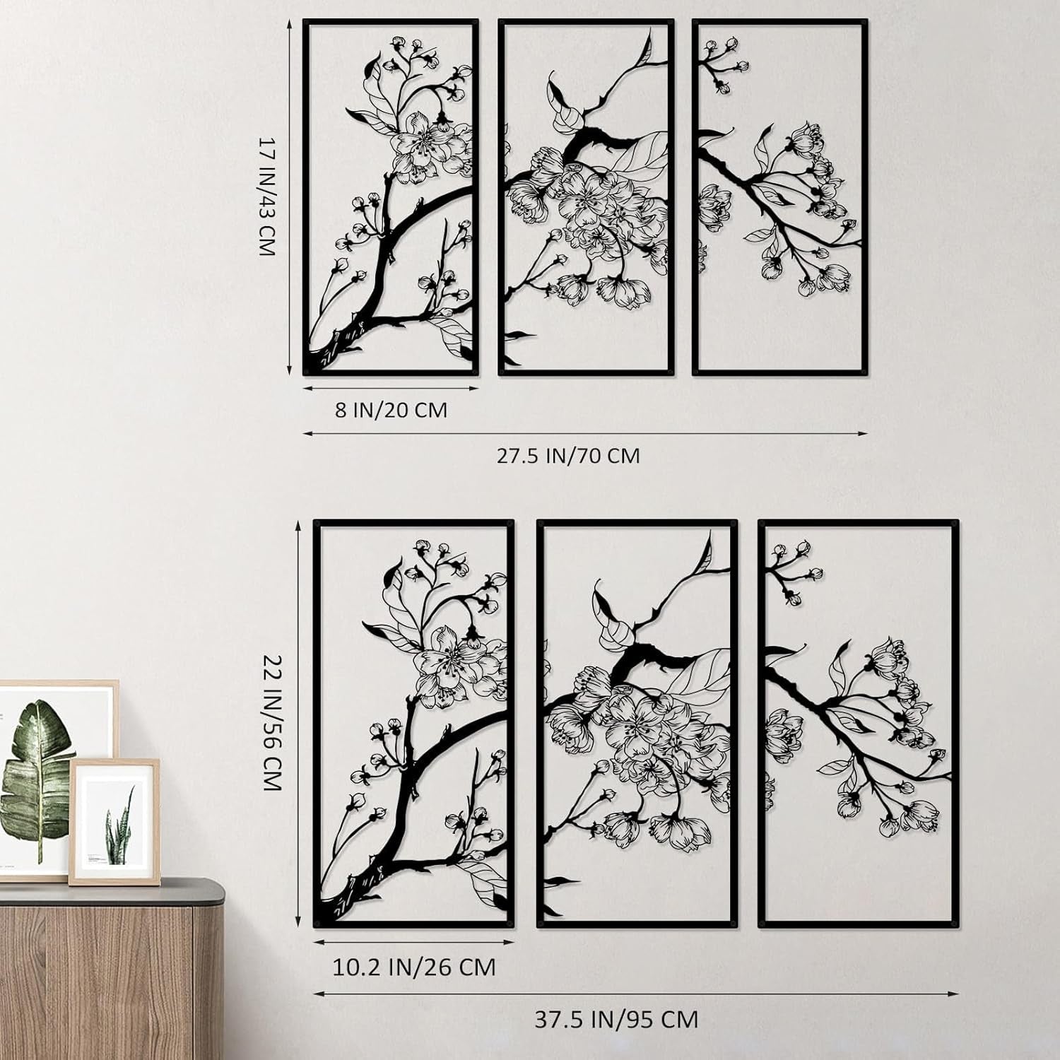 Metal Flower Wall Art Set 3pcs Large Black Floral Line Decor Modern Wall Hanging