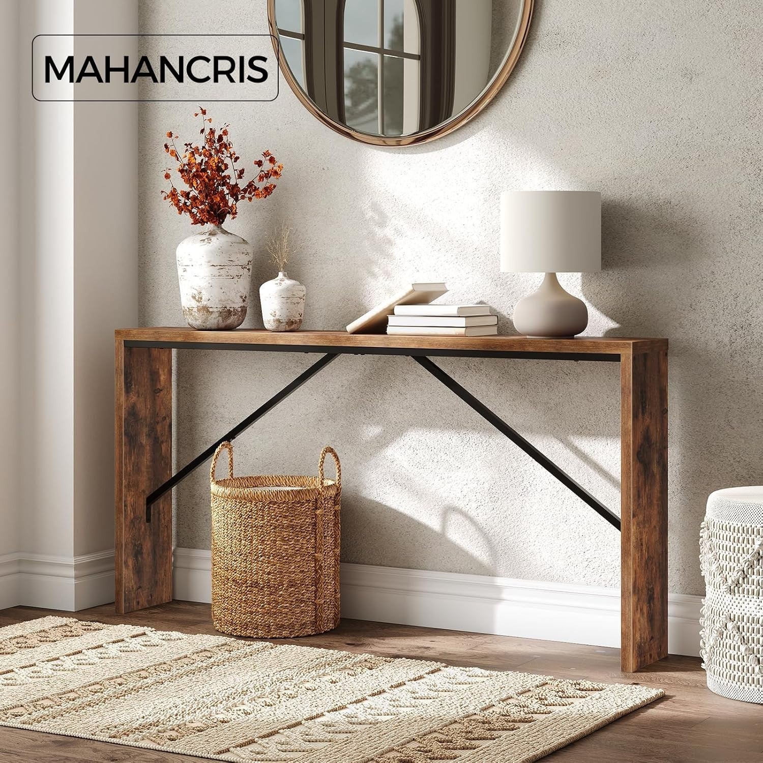 Rustic Brown Console Table, 62.2" Long, Industrial Metal Frame, Multi-Use