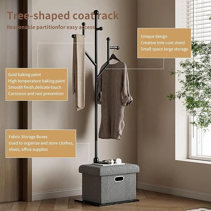 Luxury Black Metal Coat Rack Marble Base with Storage Box & 8 Hooks for Hallway